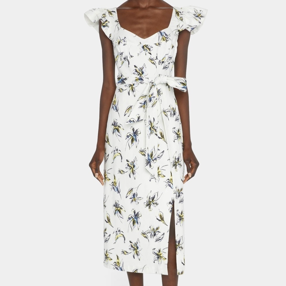 Tanya Taylor white floral linen Alyna belted midi dress - size 4 (Small)